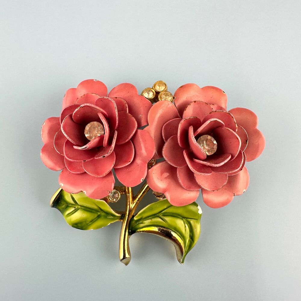 Vintage Trifari Flower Brooch Double Pink Enamel Roses Green Leaves Rhinestone